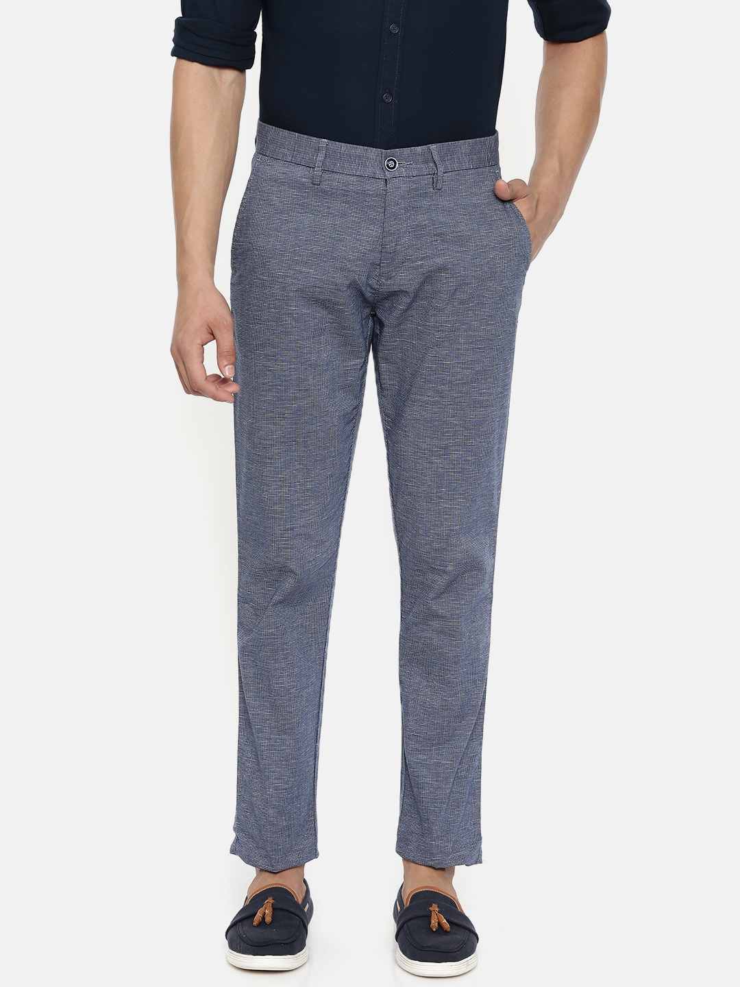 

U.S. Polo Assn. Men Navy Blue & White Denver Slim Fit Self Design Regular Trousers