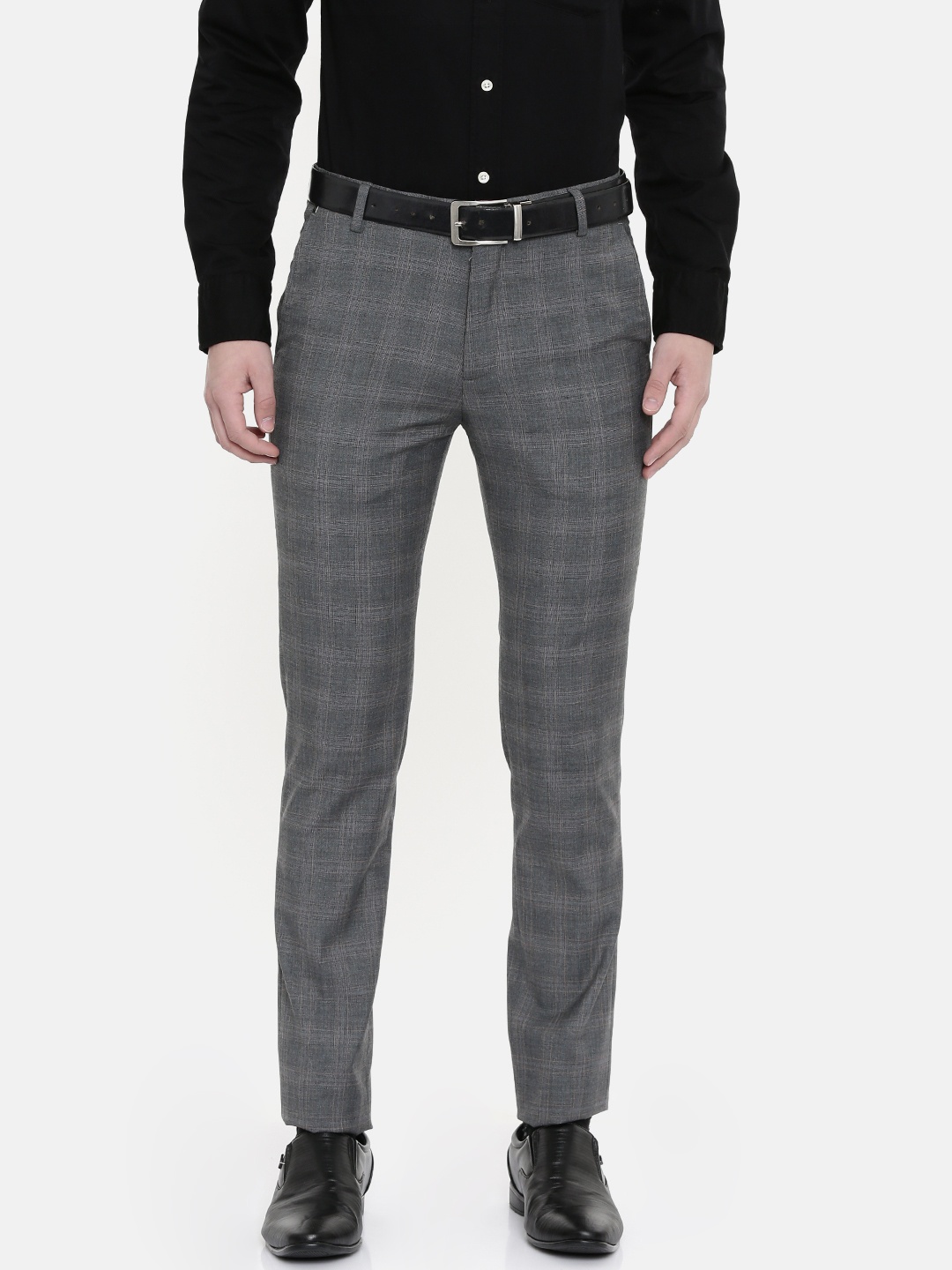 

U.S. Polo Assn. Men Grey & Black Super Slim Fit Checked Formal Trousers