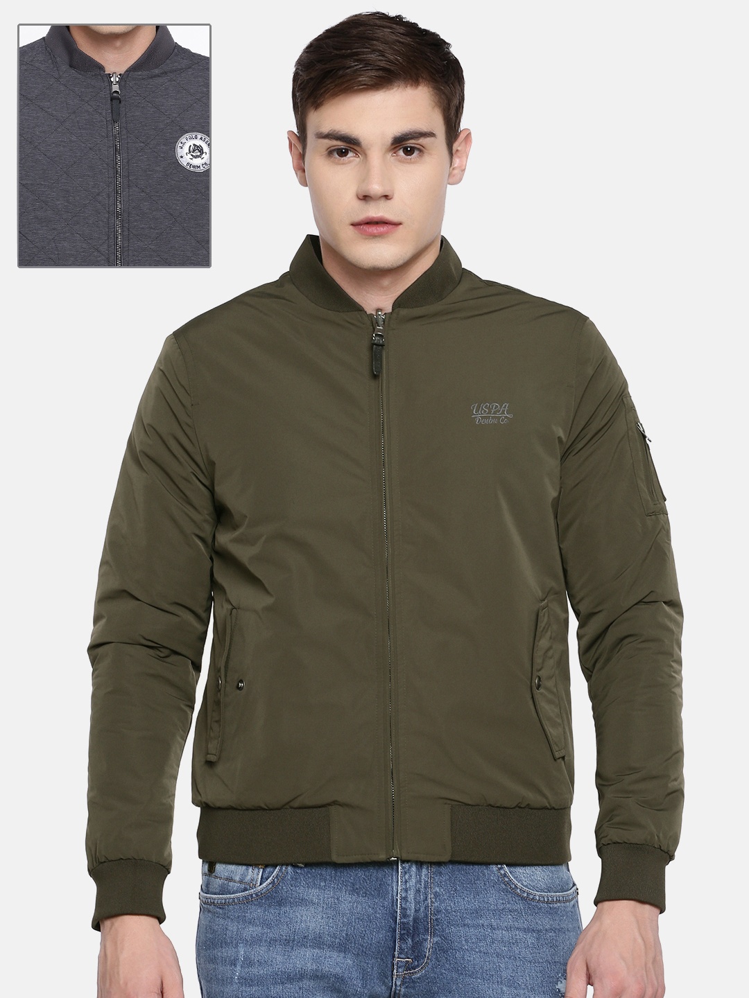 

U.S. Polo Assn. Denim Co. Men Olive Green & Grey Solid Reversible Bomber Jacket