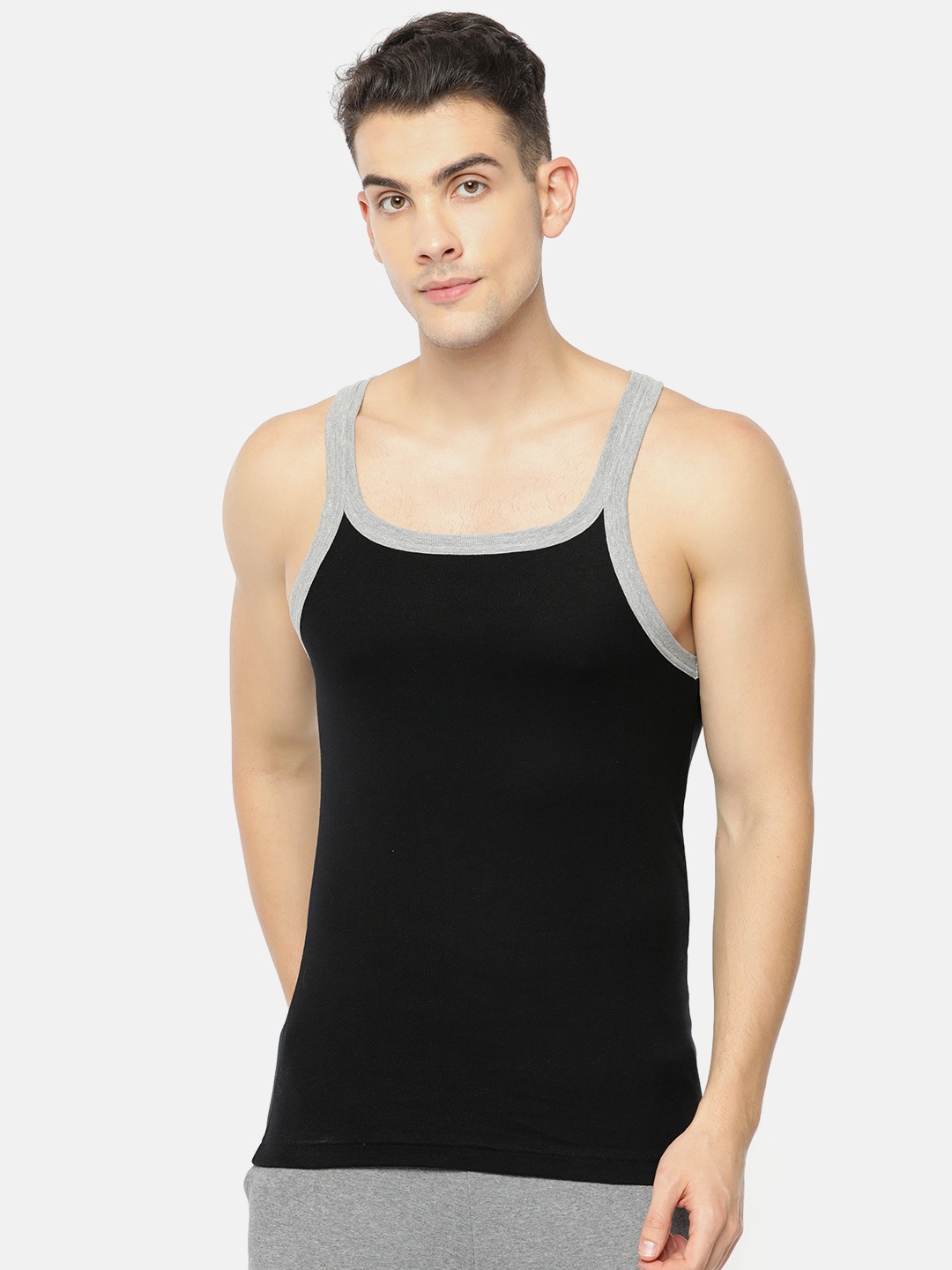 

Van Heusen Athleisure Men Black and Grey Melange Solid Moisture Wicking Ultra Soft Vest