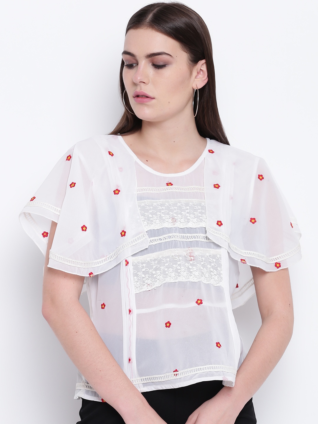

DODO & MOA Women White Semi-Sheer Embroidered Top