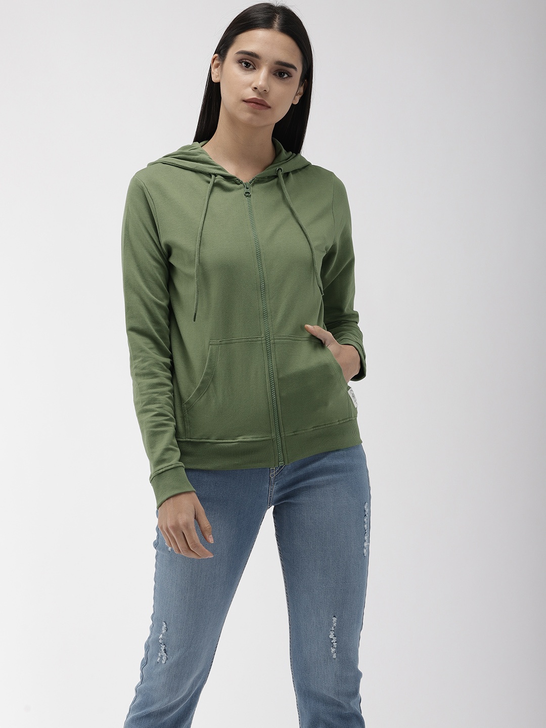 

Flying Machine Women Olive Green Solid Hooded Front-Open Sweatshirt