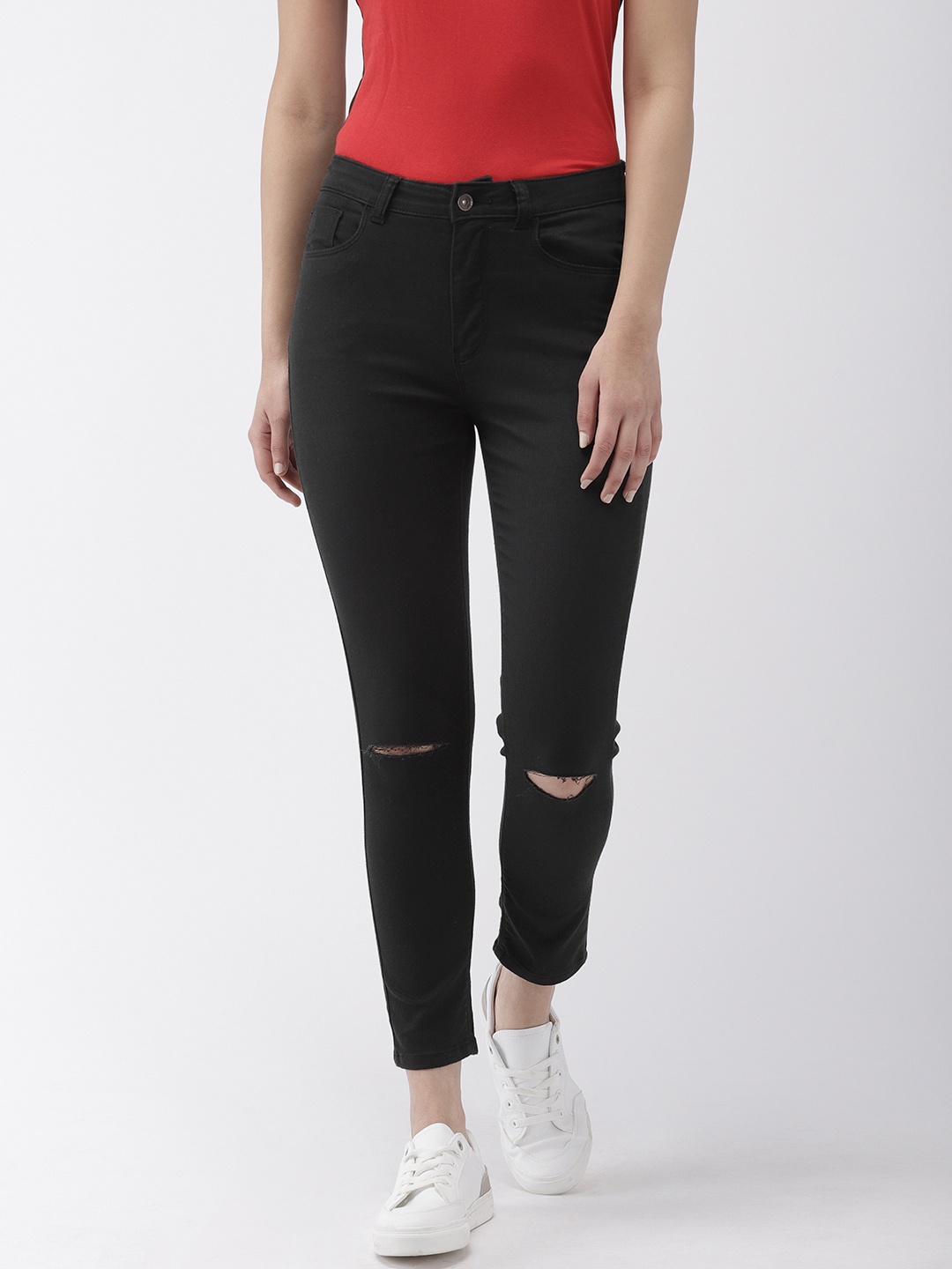 

Flying Machine Women Black Veronica Skinny Fit Slash Knee Stretchable Cropped Jeans