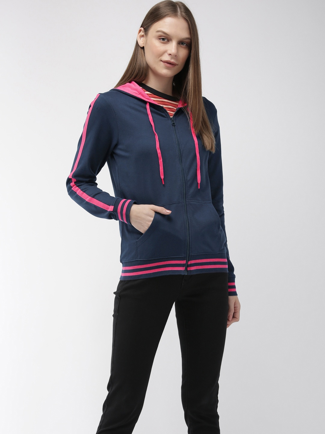 

Flying Machine Women Navy Blue Solid Hooded Sweatshirt