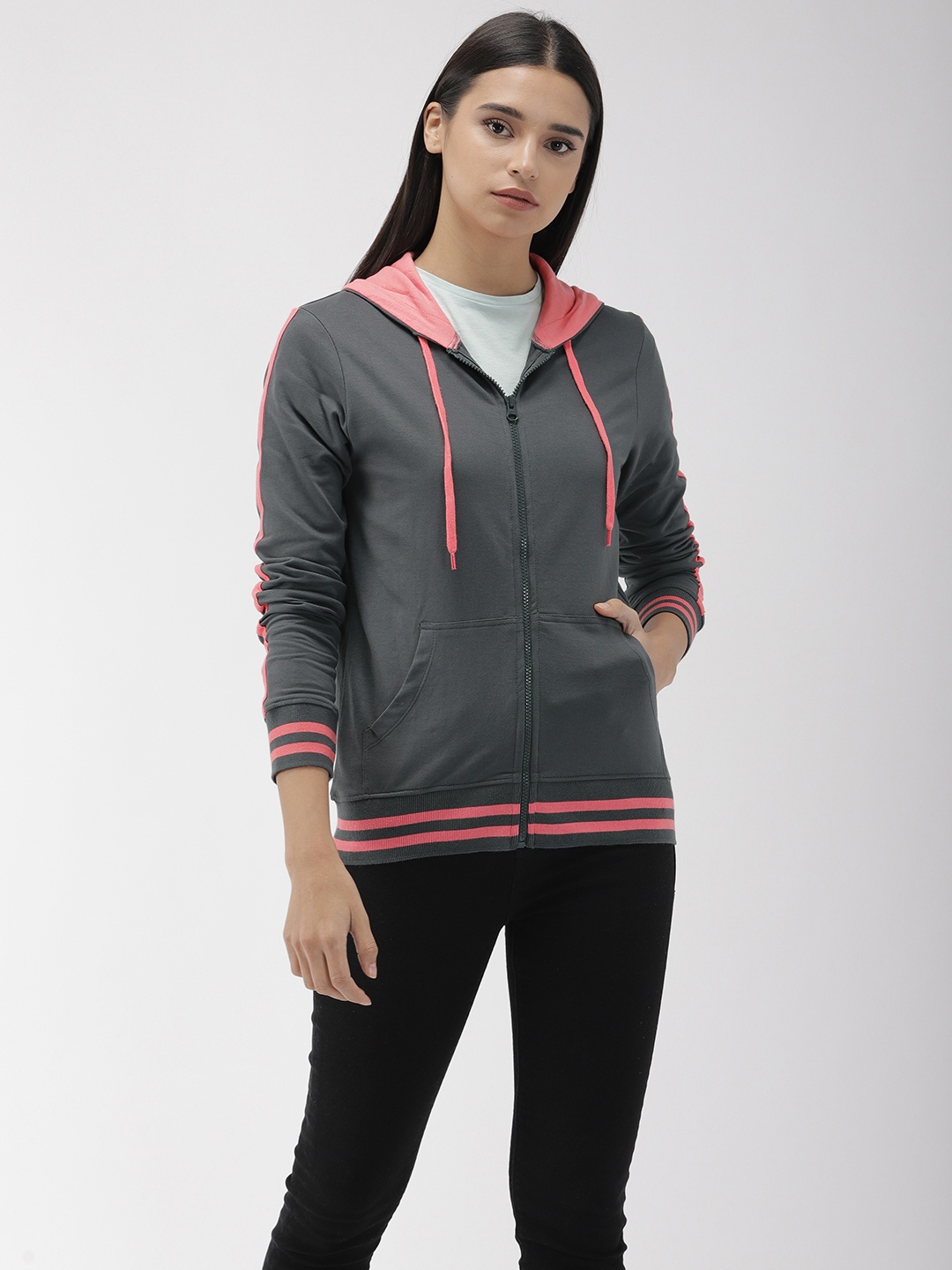 

Flying Machine Women Grey Solid Hooded Sweatshirt