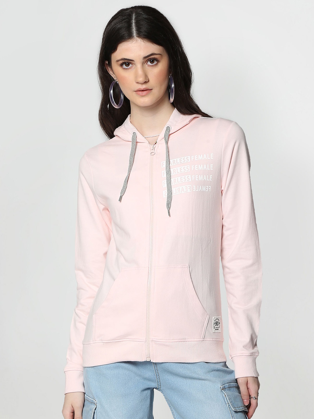 

Flying Machine Women Pink Solid Hooded Front-Open Sweatshirt