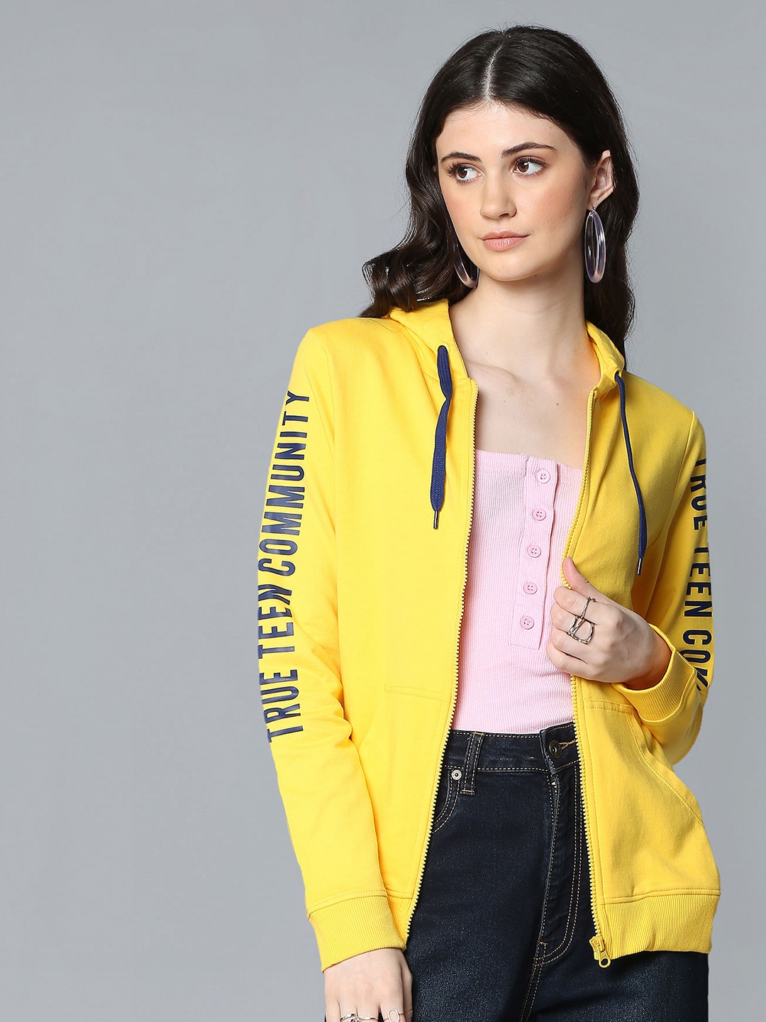 Flying Machine Women Yellow Solid Hooded Sweatshirt