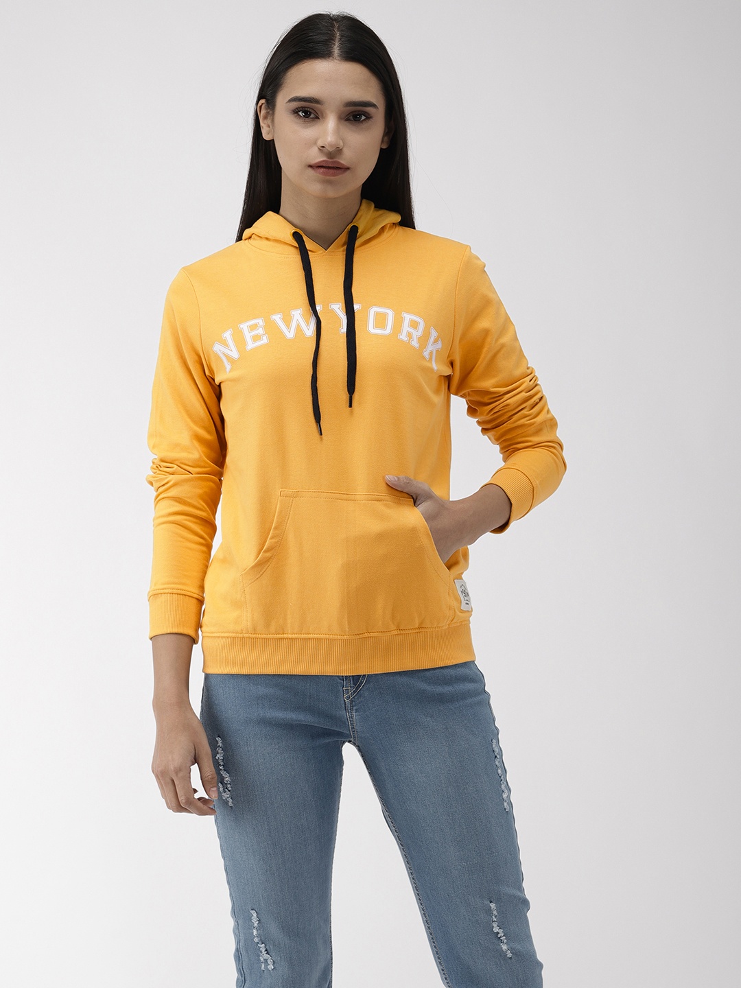 

Flying Machine Women Mustard Yellow Printed Hooded Sweatshirt