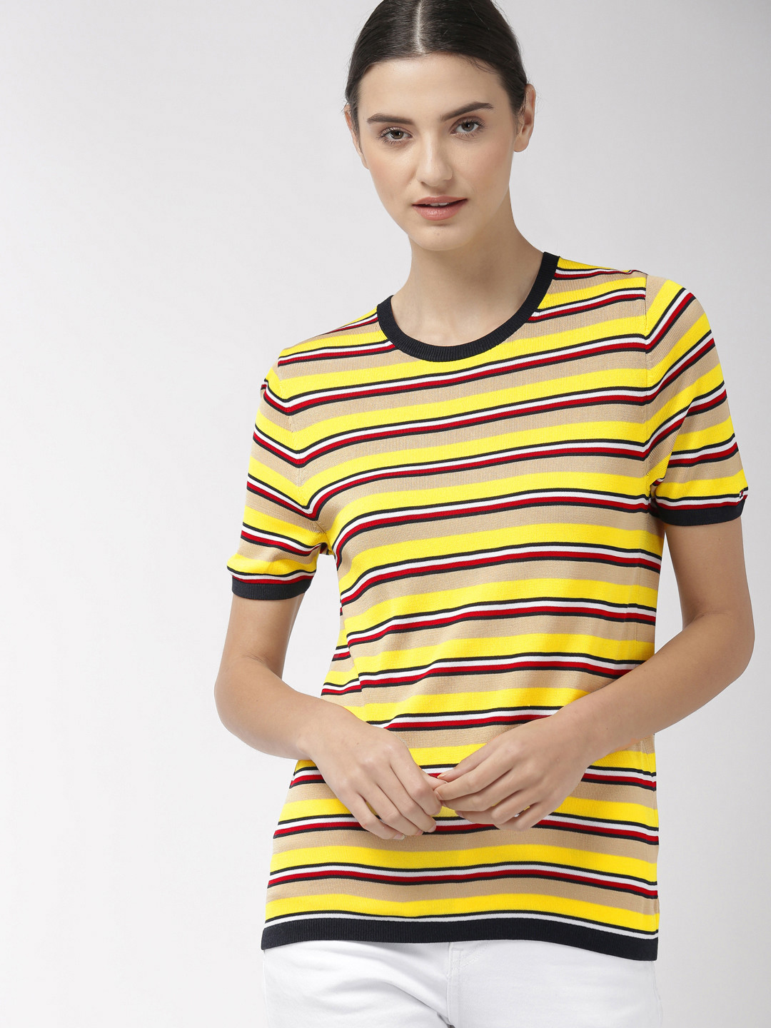 

Tommy Hilfiger Women Beige & Yellow Striped Sweater