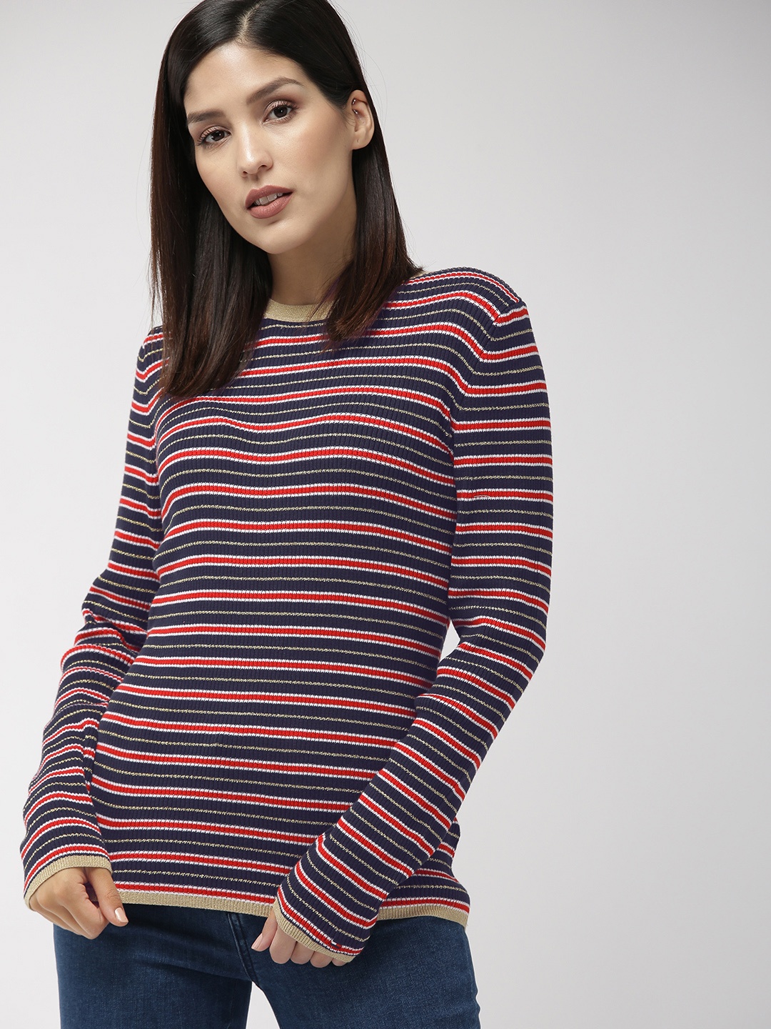 

Tommy Hilfiger Women Navy Blue & Red Striped Pullover Sweater
