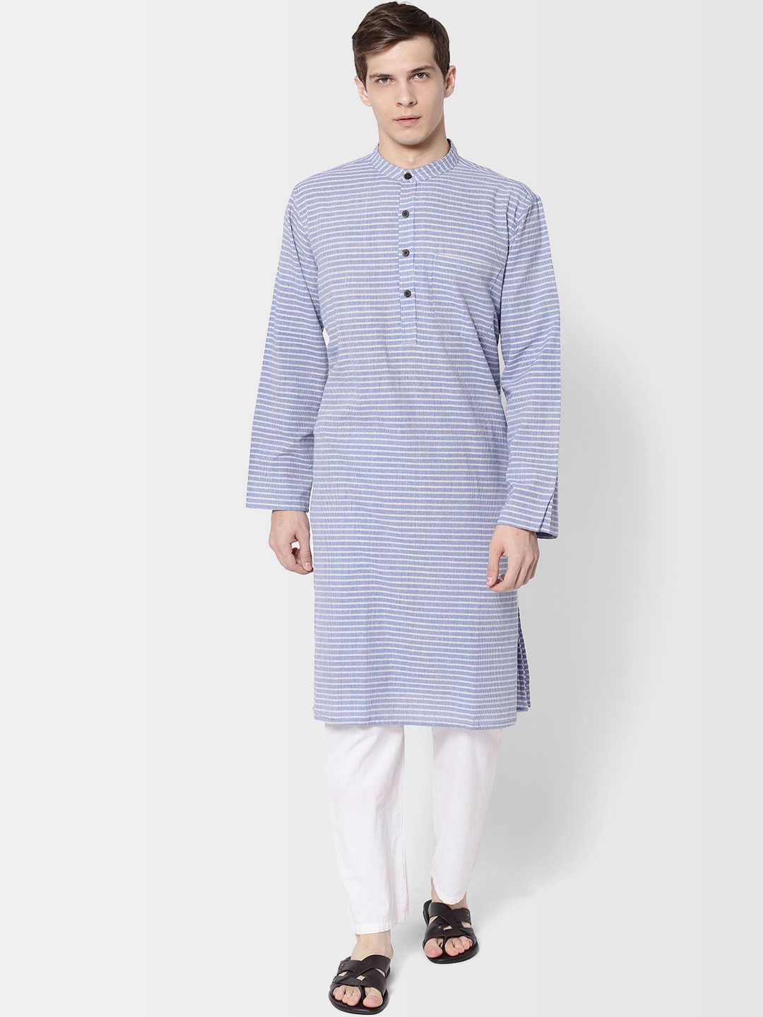 

Fabindia Men Blue & Off-White Self-Striped Comfort Fit Straight Kurta