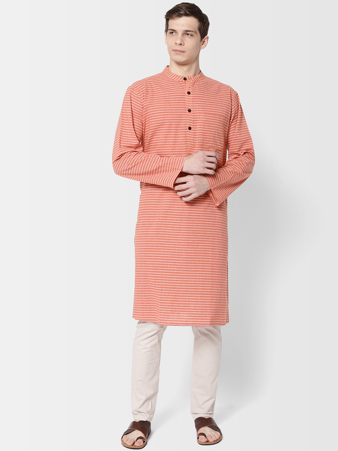 

Fabindia Men Rust Red & Beige Self-Striped Comfort Fit Straight Kurta