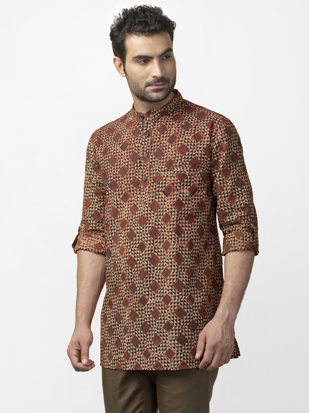 

Fabindia Men Beige & Rust Brown Handblock Printed Straight Kurta