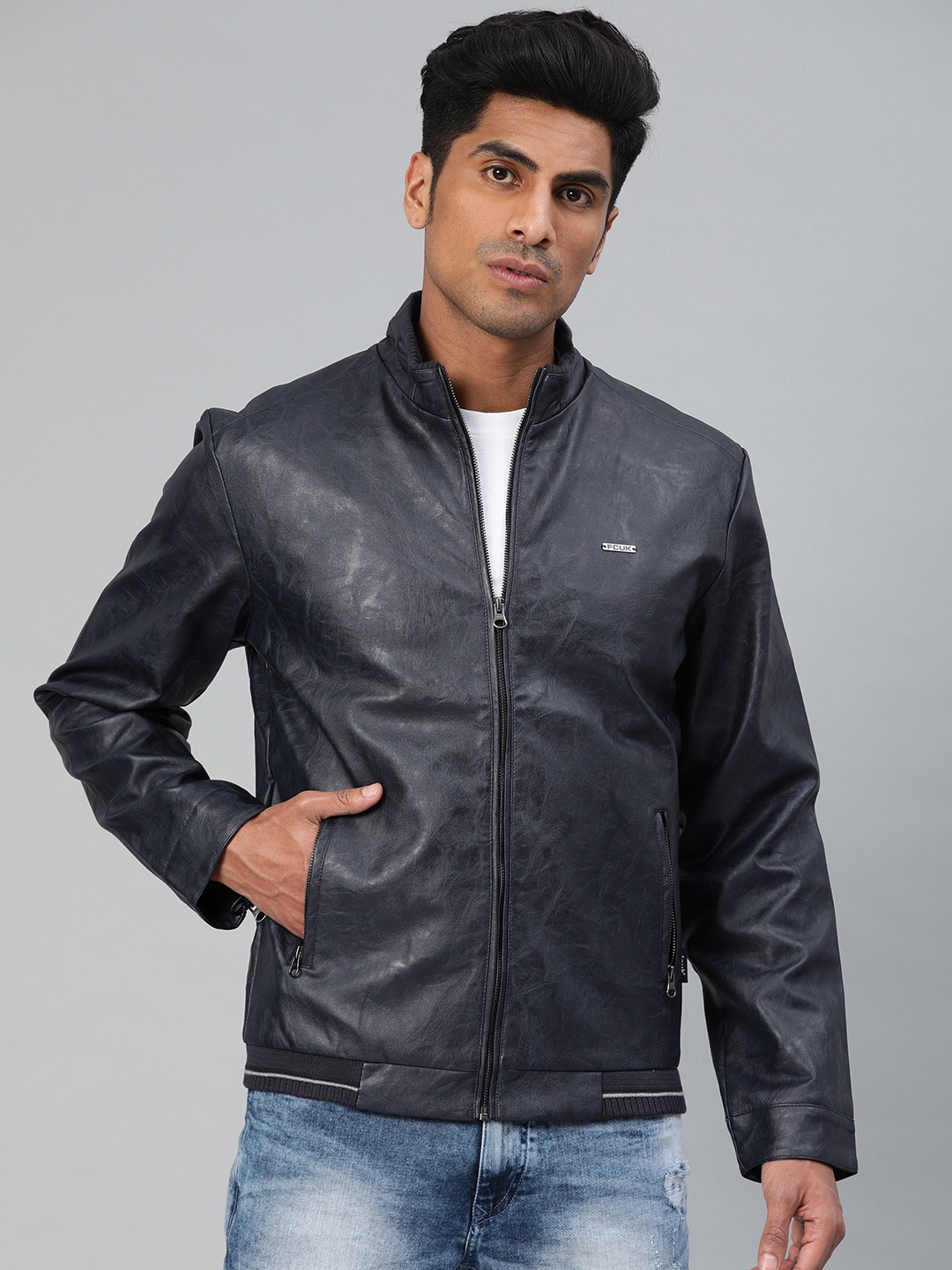 

French Connection Men Navy Blue Solid Biker Jacket