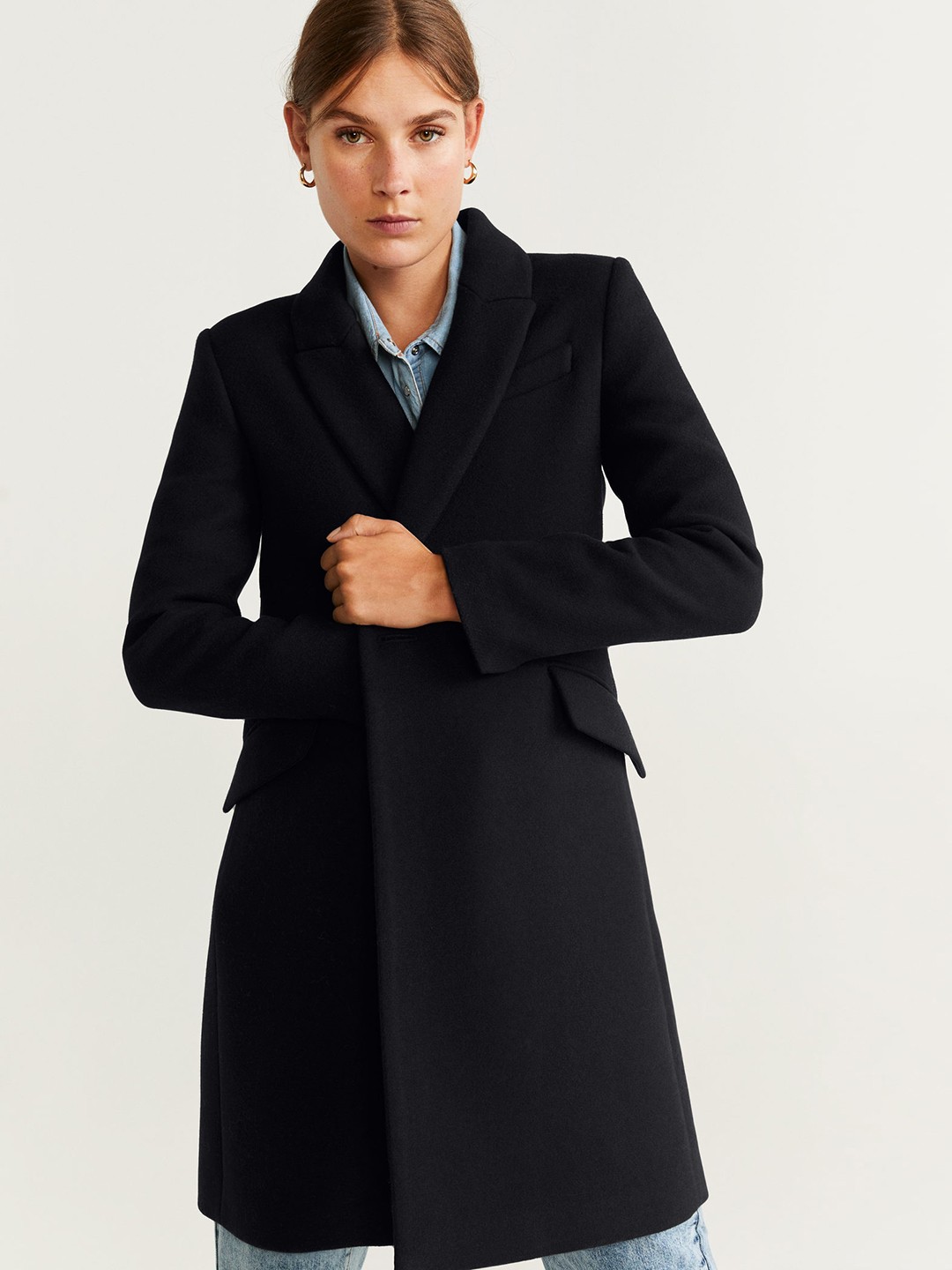 

MANGO Women Black Solid Double-Breasted Longline Overcoat