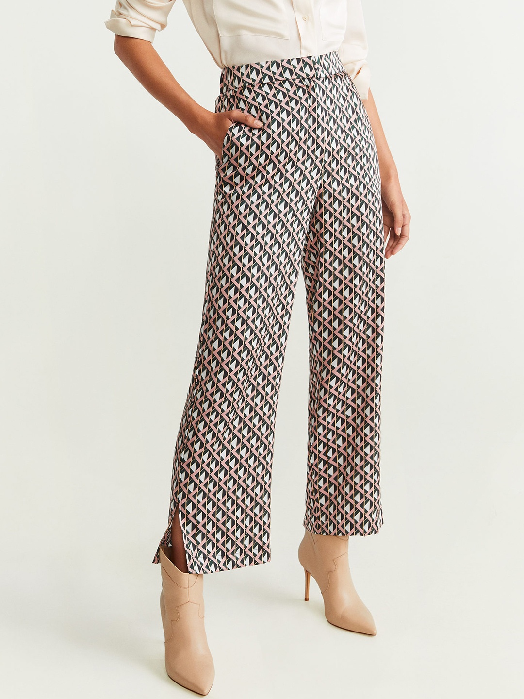 

MANGO Women Peach-Coloured & Blue Straight Fit Printed Parallel Trousers