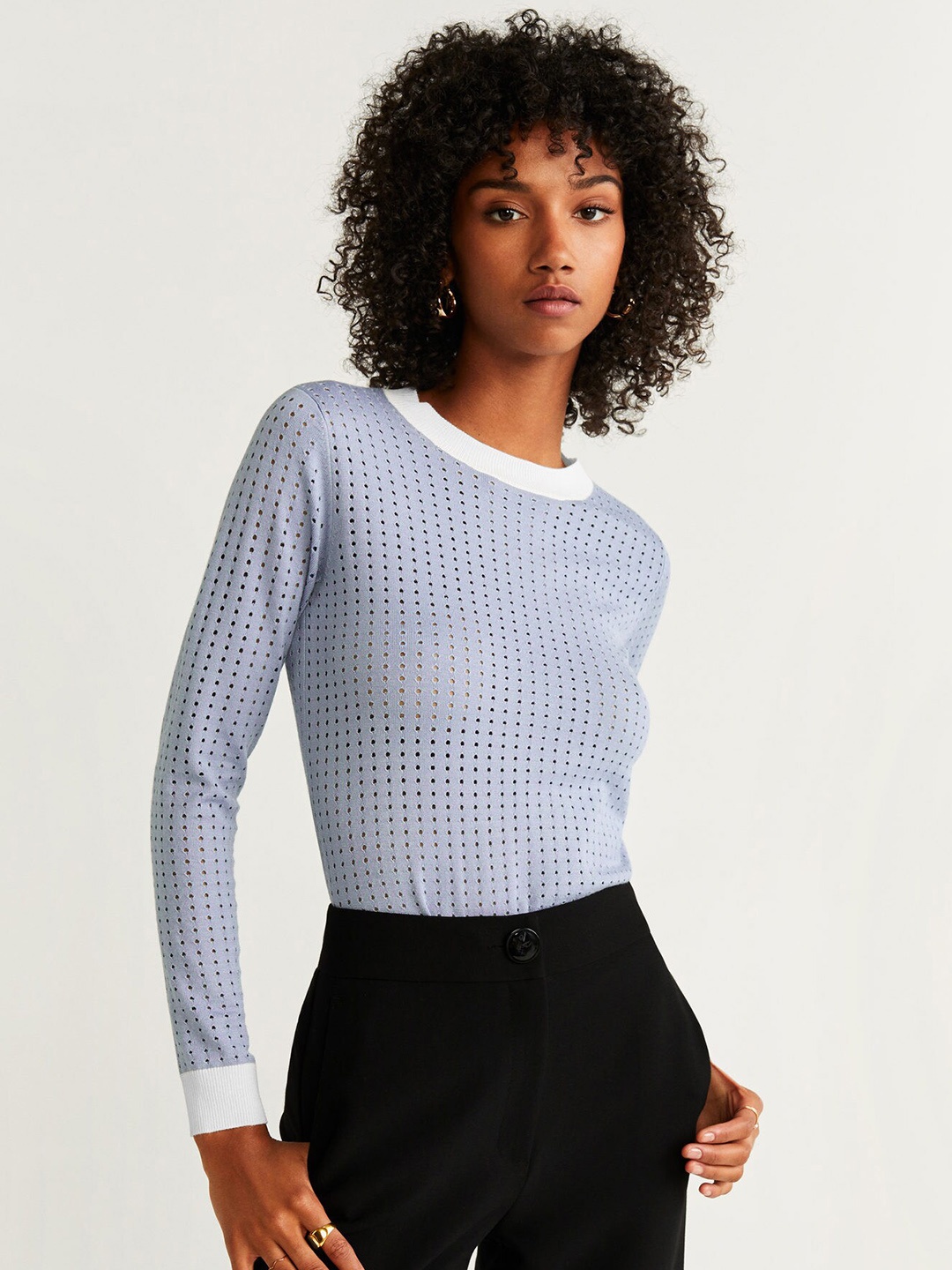 

MANGO Women Blue Solid Laser Cut Detail Semi-Sheer Top
