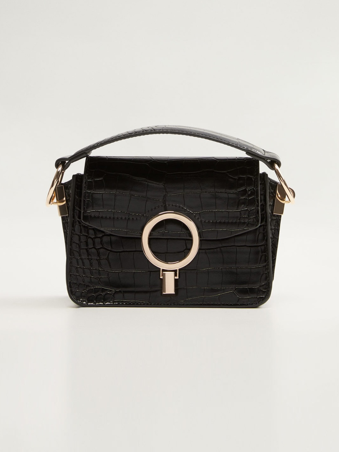 

MANGO Black Croc Textured Handheld Bag