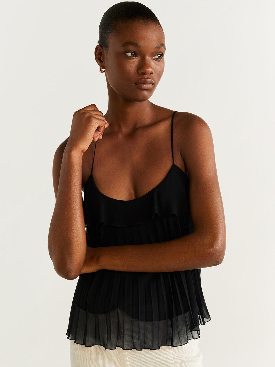 

MANGO Women Black Layered Accordian Pleated Solid Top