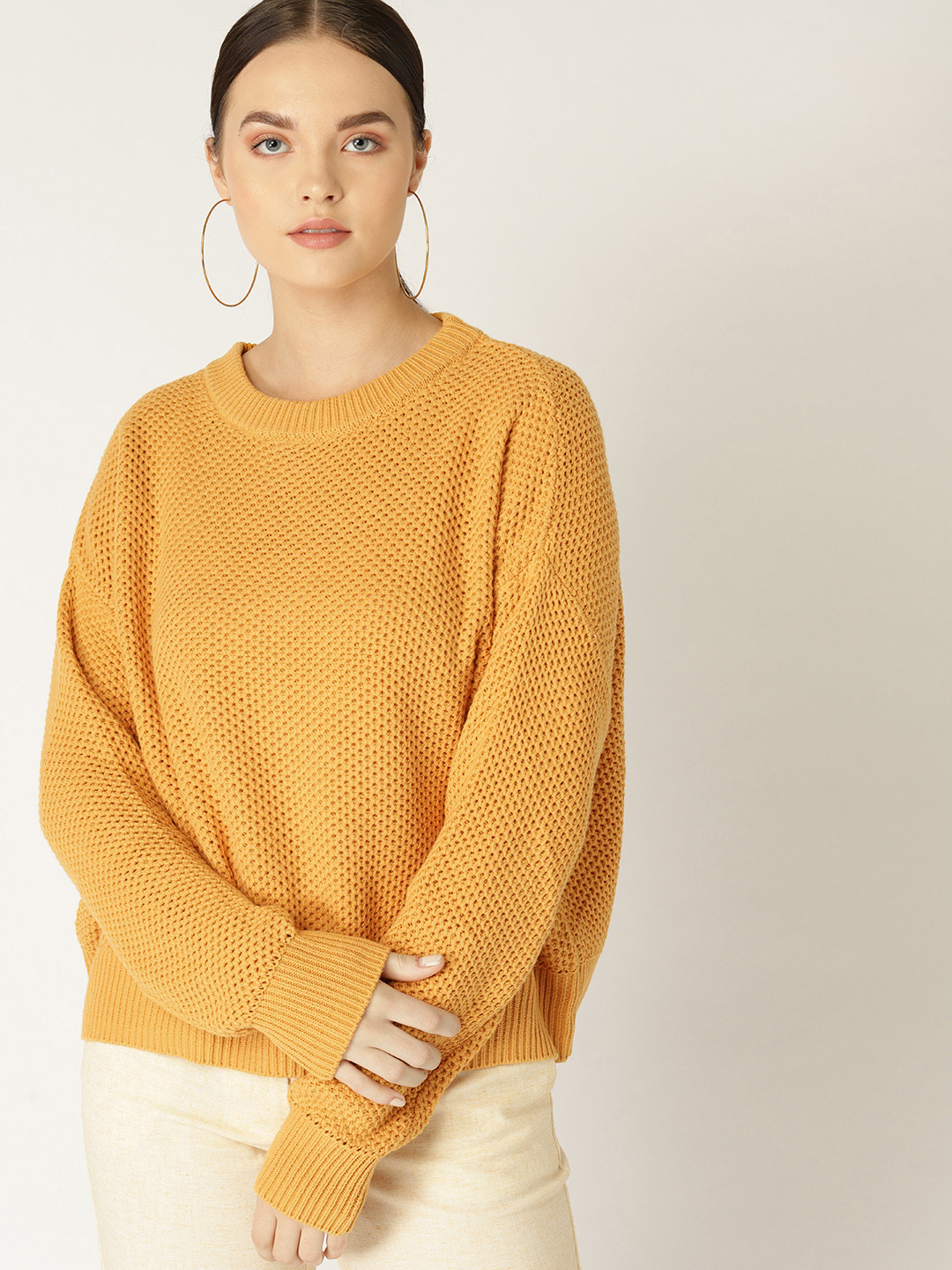 

MANGO Women Mustard Yellow Self Design Open-Knit Boxy Sweater