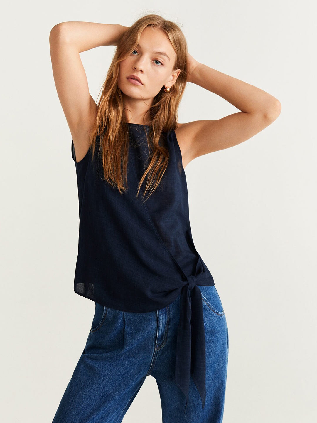 

MANGO Women Navy Blue Solid Wrap Top