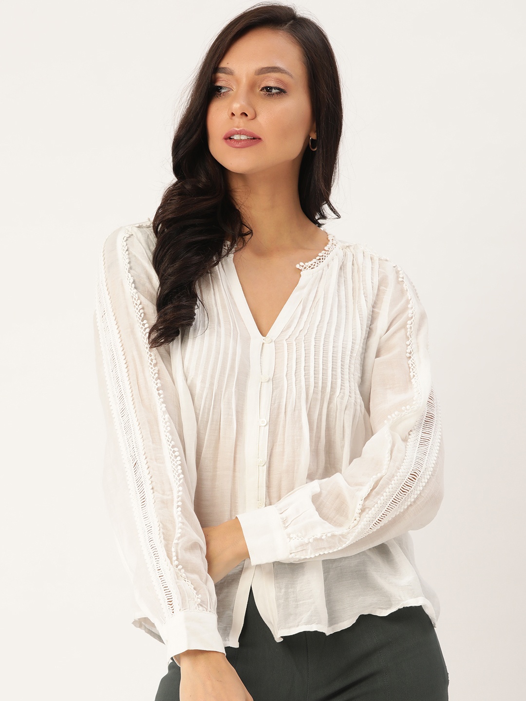 

MANGO Women White Solid Semi Sheer Shirt Style Top
