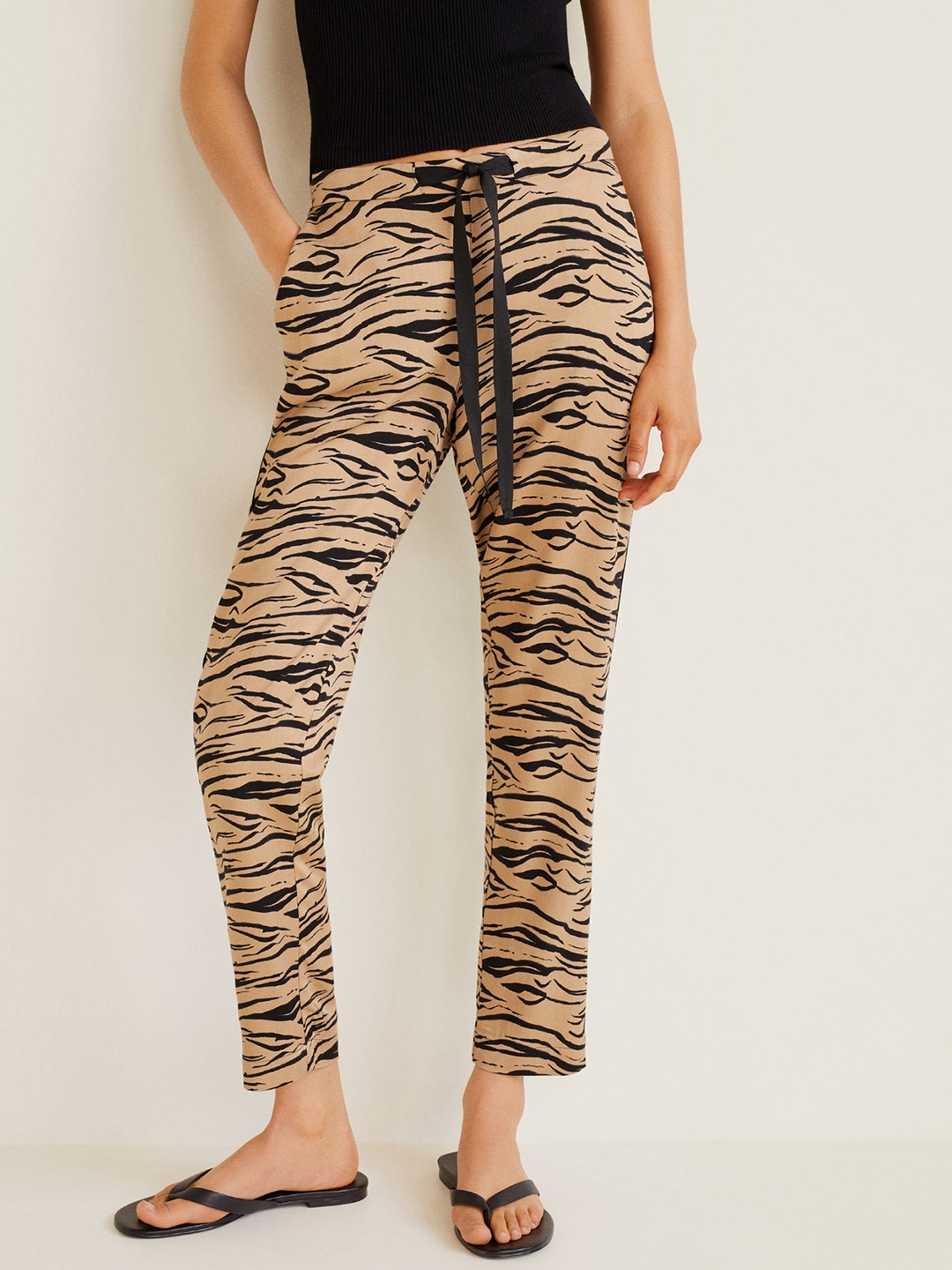 

MANGO Women Beige & Black Animal Print Regular Trousers