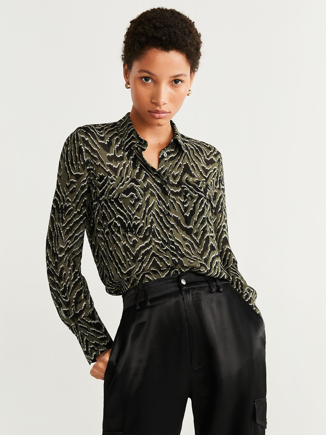 

MANGO Women Olive Green & Black Regular Fit Printed Casual Shirt
