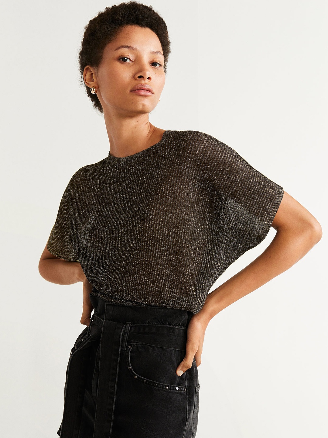 

MANGO Women Golden Sheer Striped Cropped Blouson Top, Gold