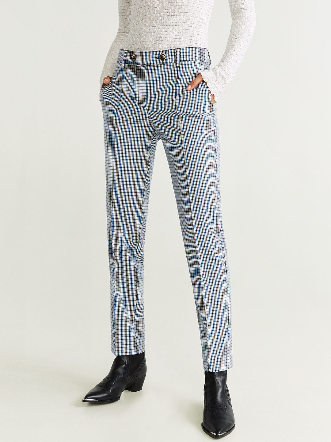 

MANGO Women White & Blue Regular Fit Checked Formal Trousers