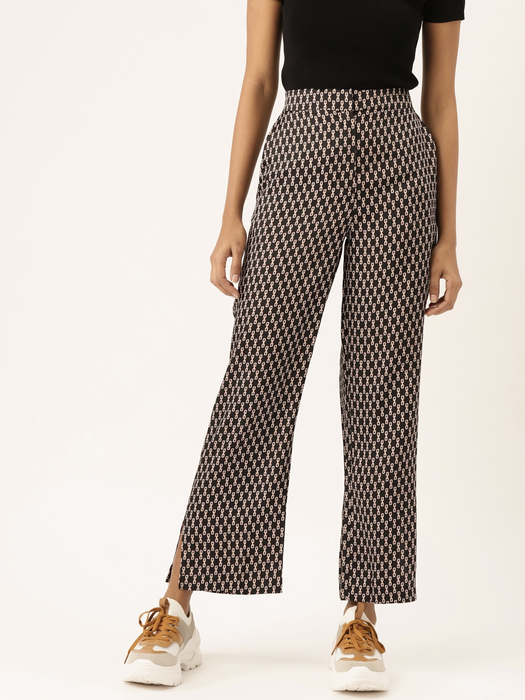 

MANGO Women Black & White Straight Fit Printed Regular Trousers