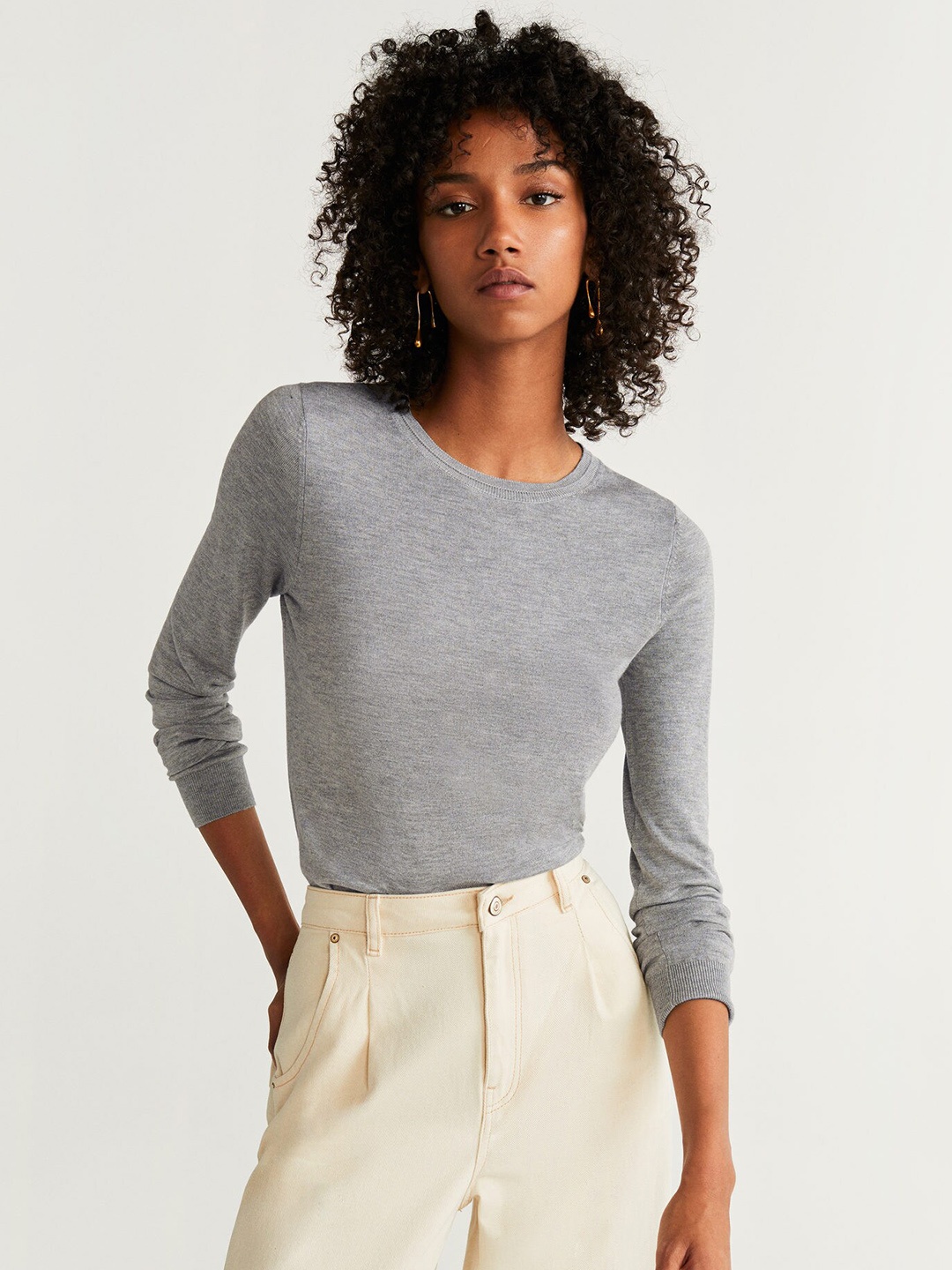 

MANGO Women Grey Melange Solid Round Neck T-shirt