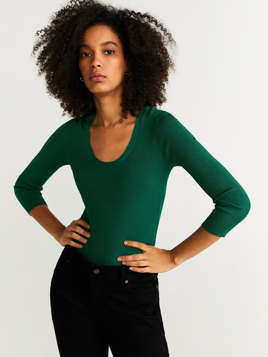 

MANGO Women Green Ribbed Fitted Top