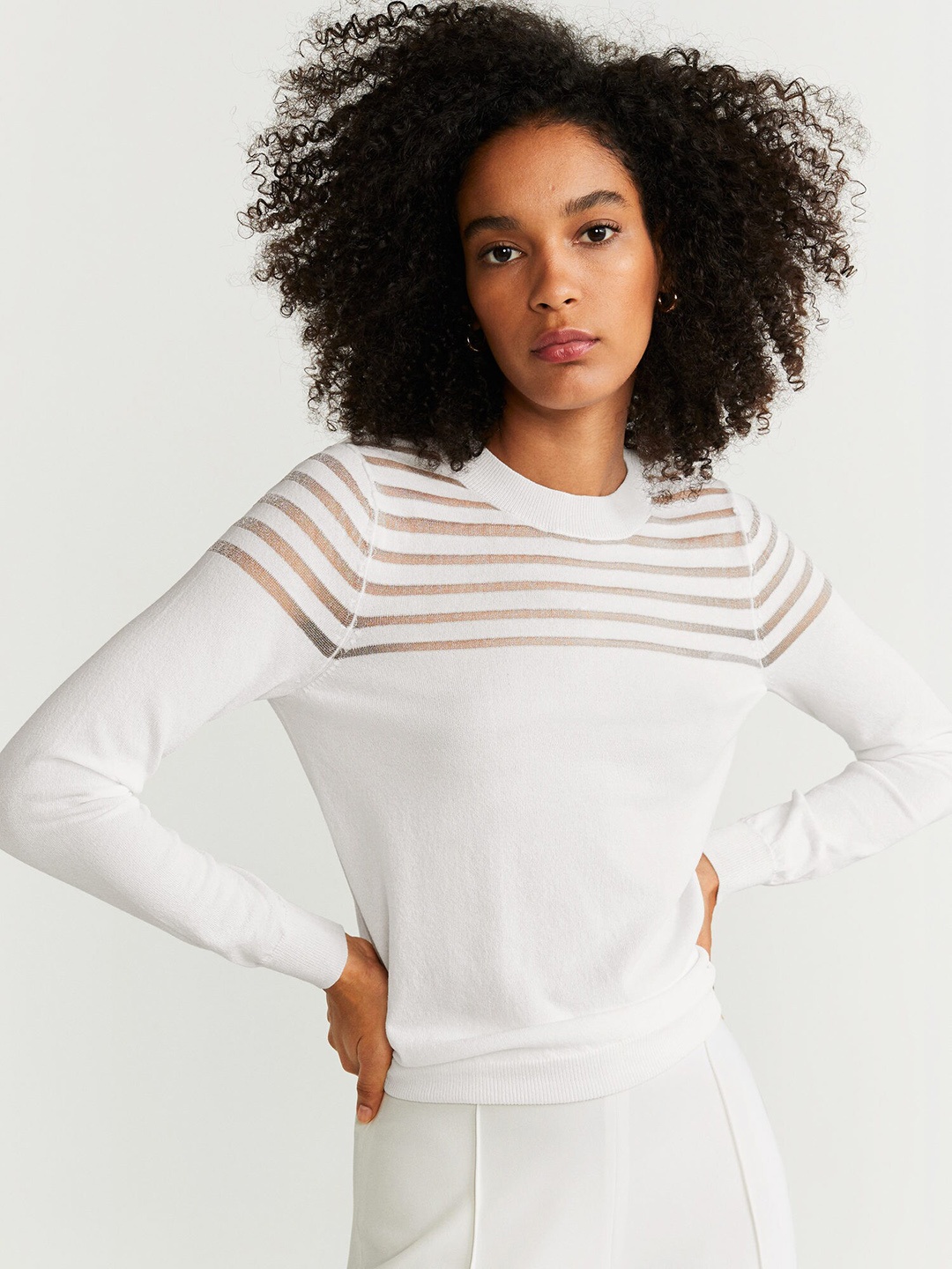 

MANGO Women White Striped Detail Winter Top