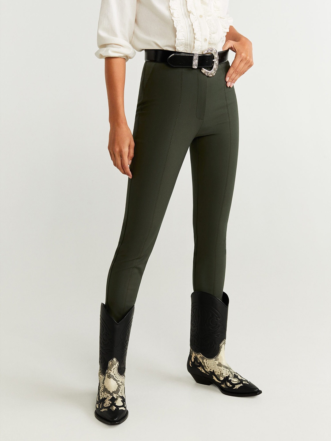 

MANGO Women Olive Green Solid Skinny Fit Treggings