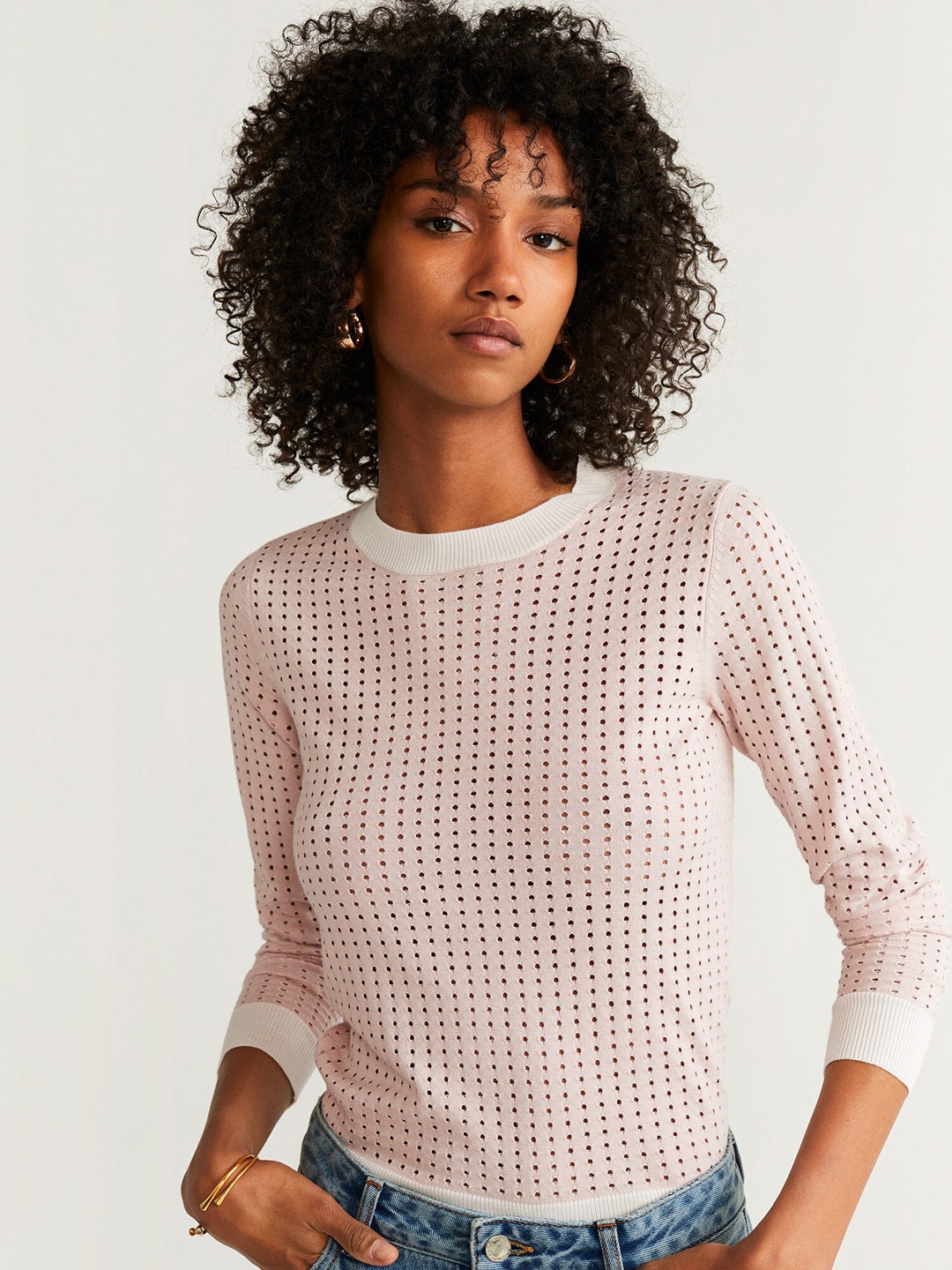 

MANGO Women Pink Open-Knit Pullover