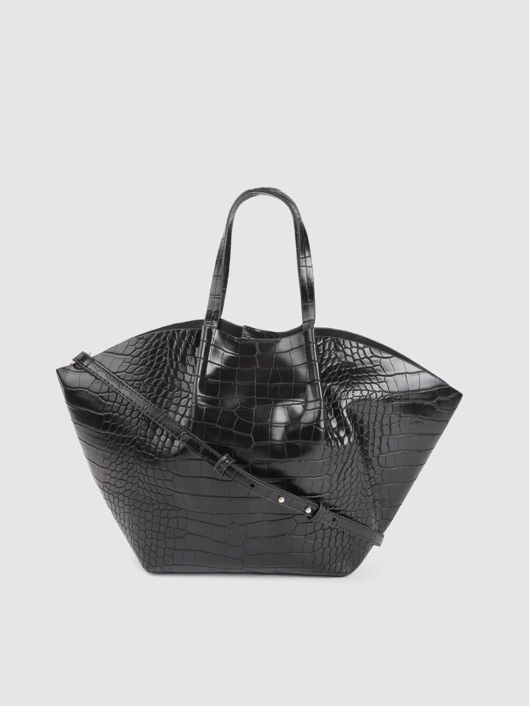 

MANGO Women Black Croc Textured Handheld Bag