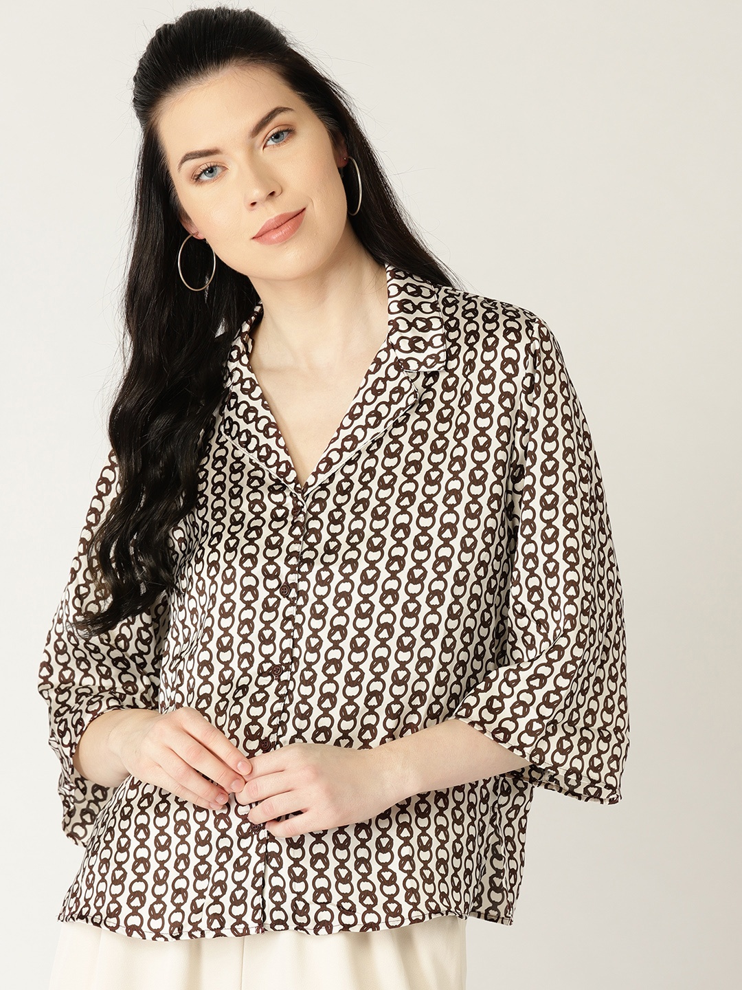 

MANGO Women Beige & Brown Regular Fit Printed Casual Shirt with Satin Finish