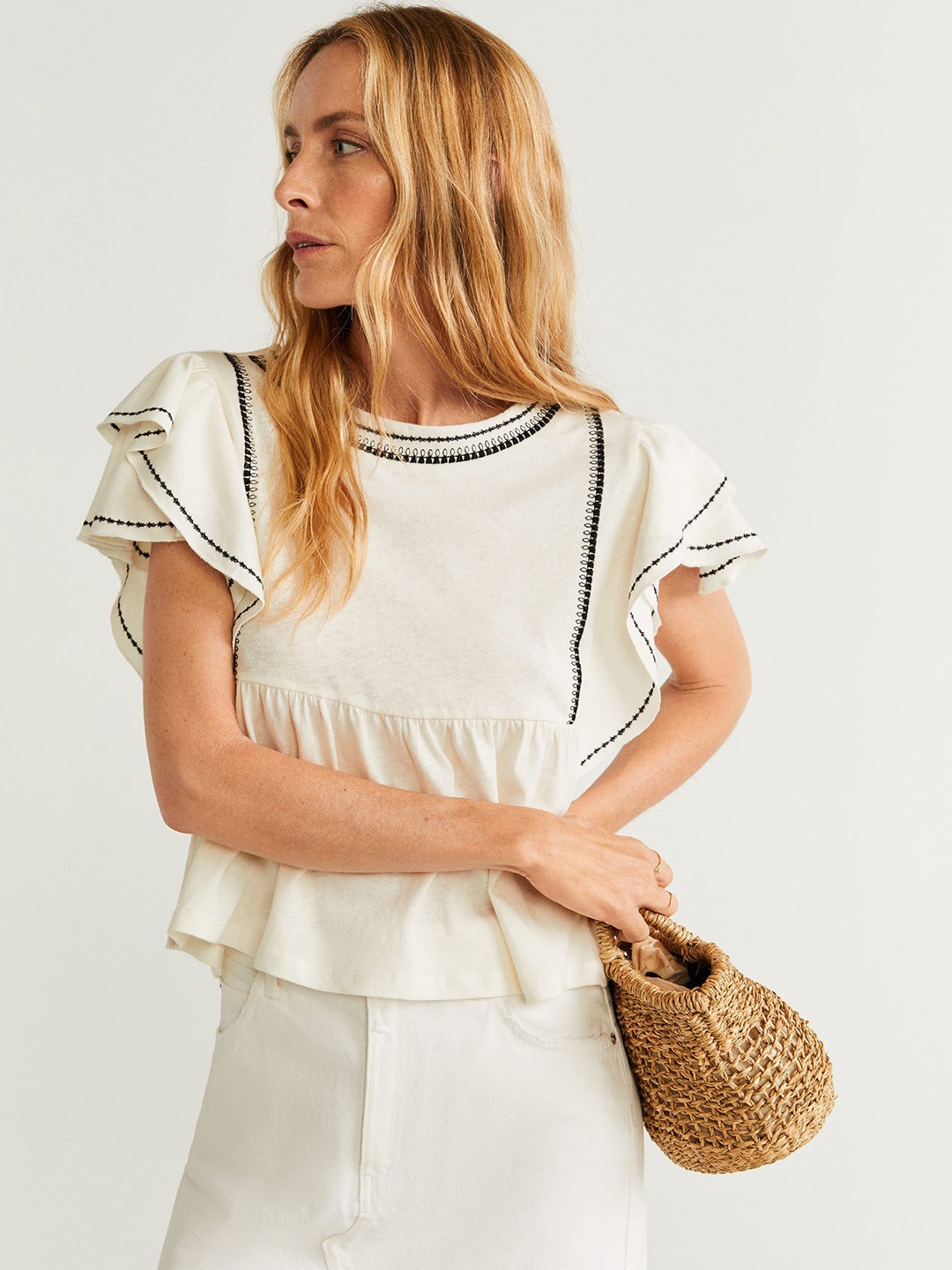 

MANGO Women Off-White Solid Flared Sleeve Empire Top