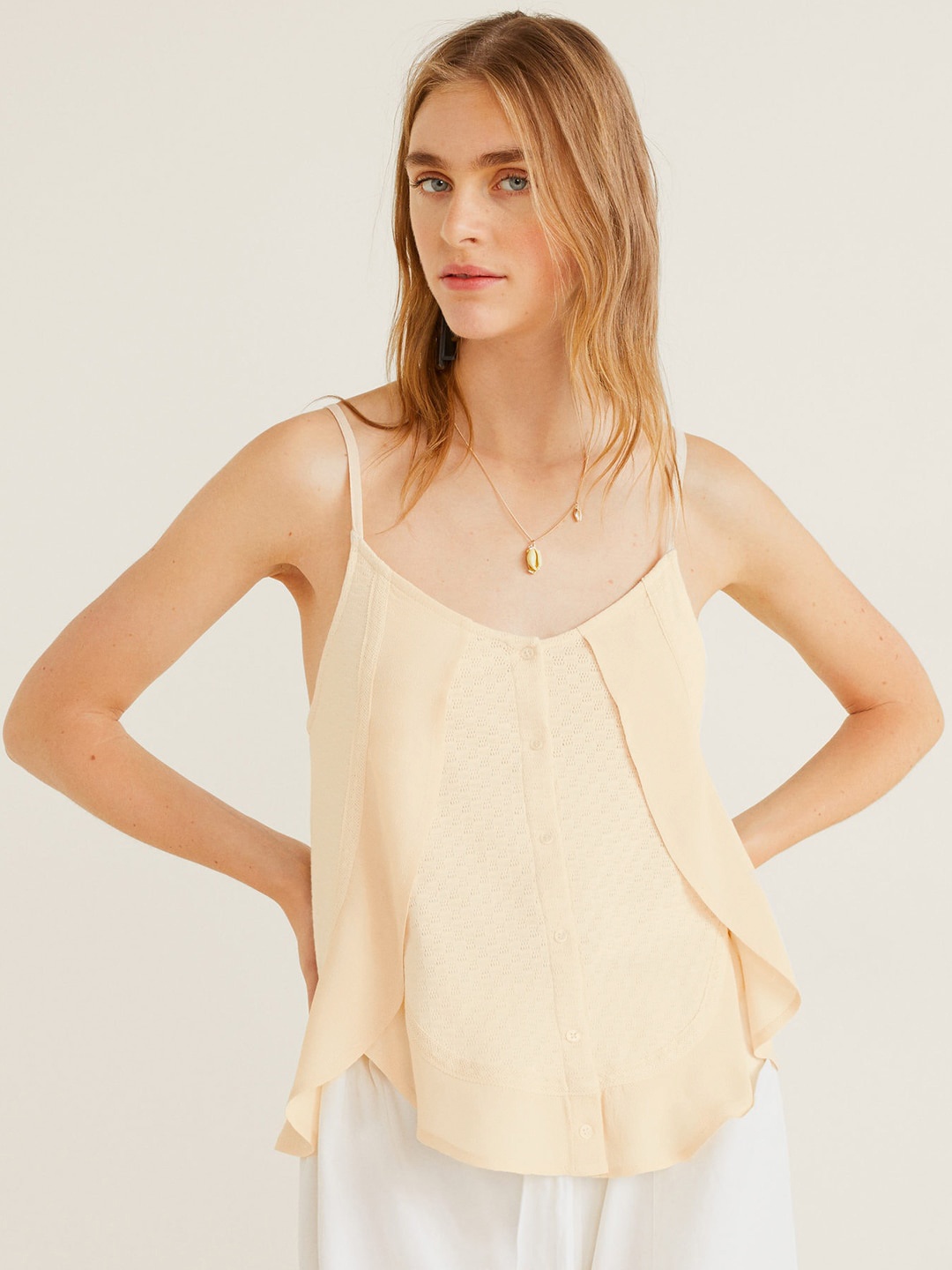 

MANGO Women Off-White Self Design Layered A-Line Top