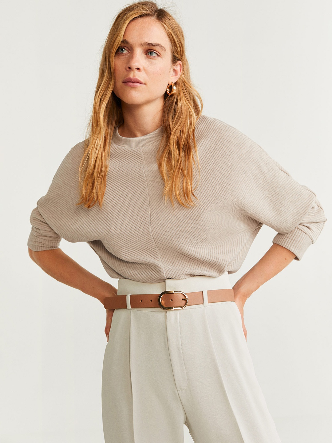 

MANGO Women Off-White Ribbed Sweater