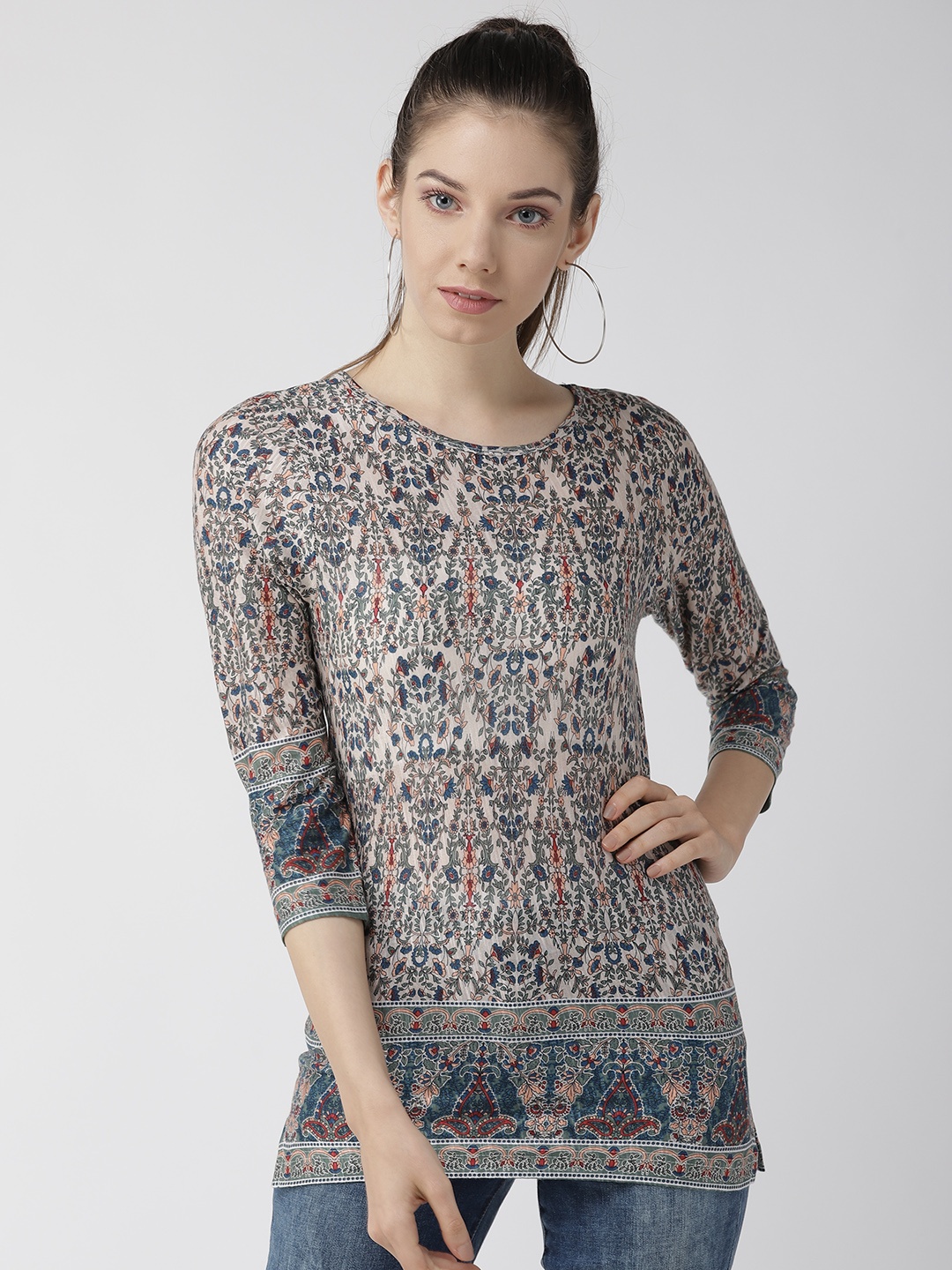 

plusS Women Beige & Green Printed Pure Cotton Top