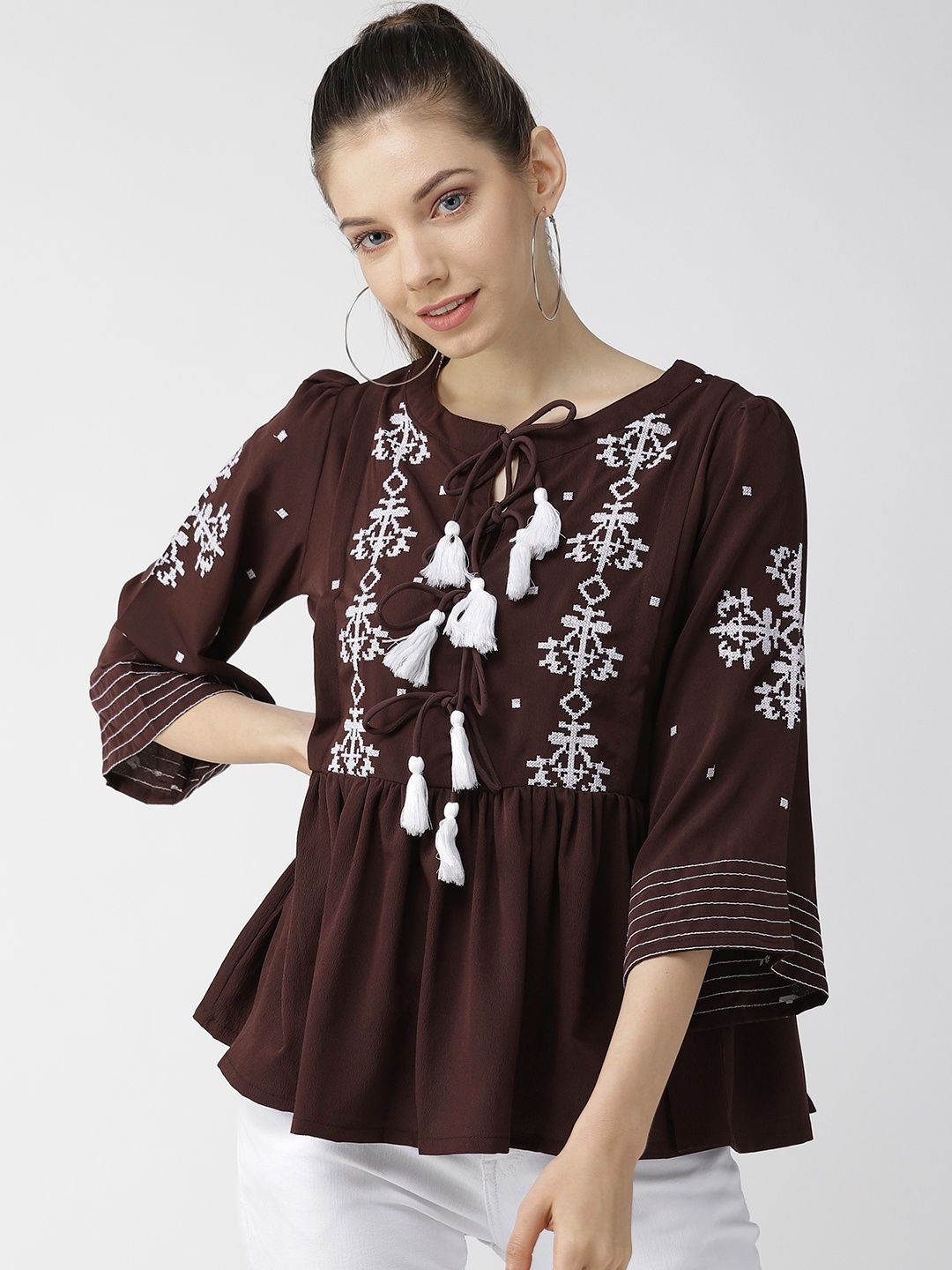 

plusS Women Coffee Brown & White Embroidered A-Line Top