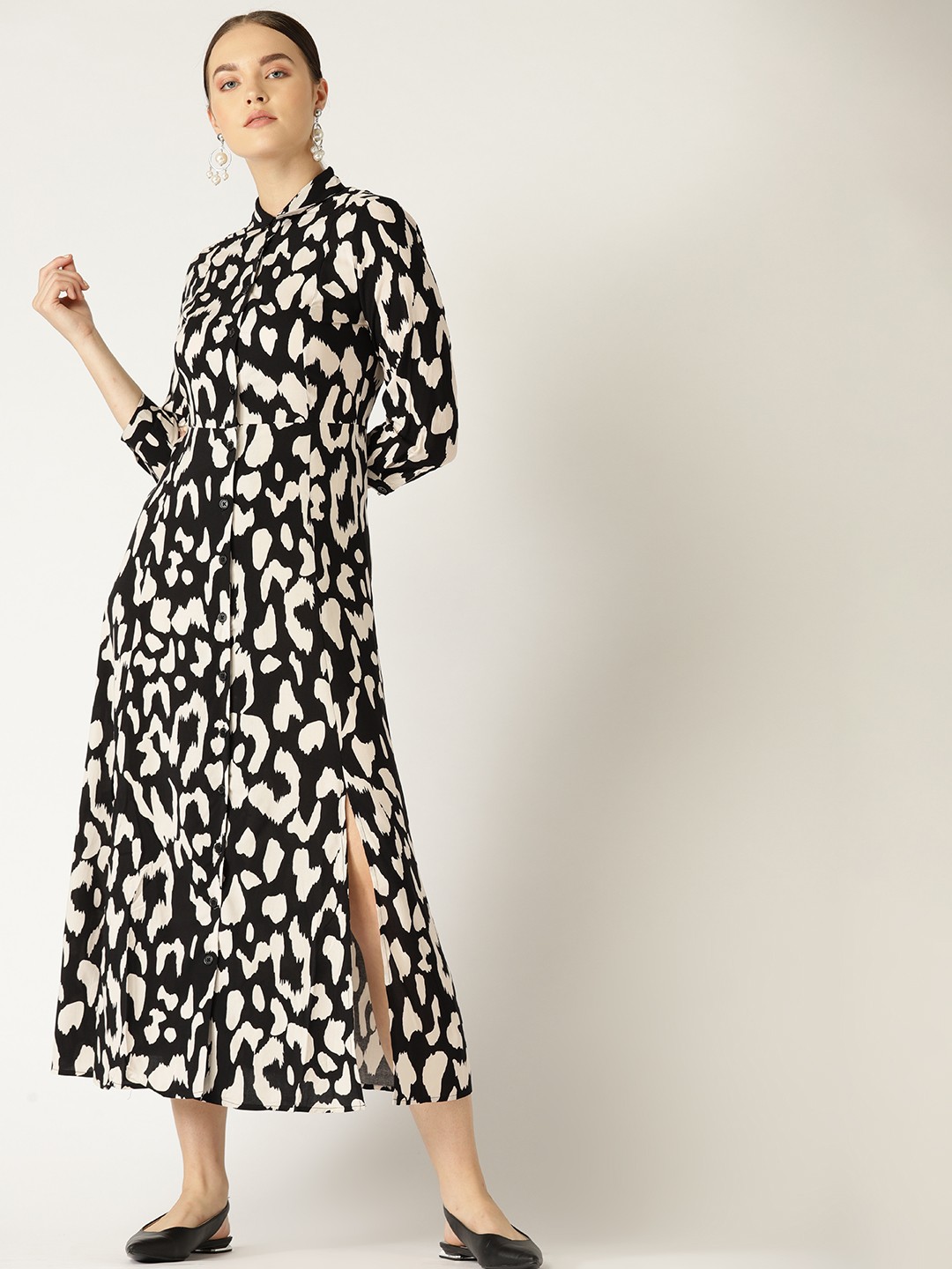 

MANGO Women Black & Off-White Printed Shirt Maxi Dress