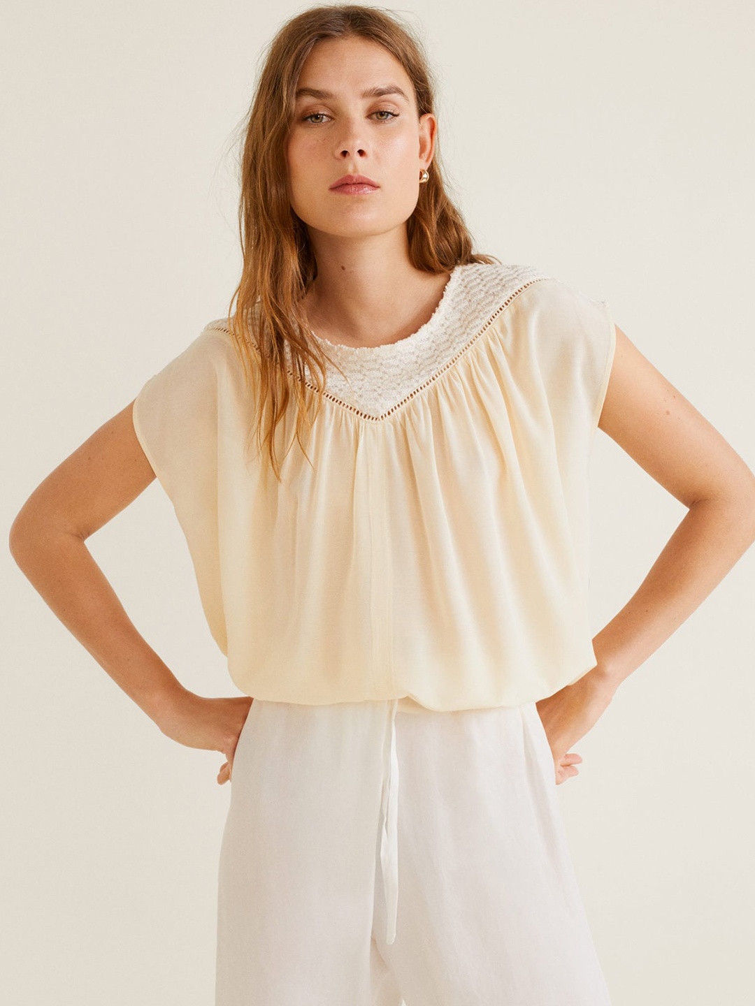 

MANGO Women Cream-Coloured Semi-Sheer Solid Boxy Top