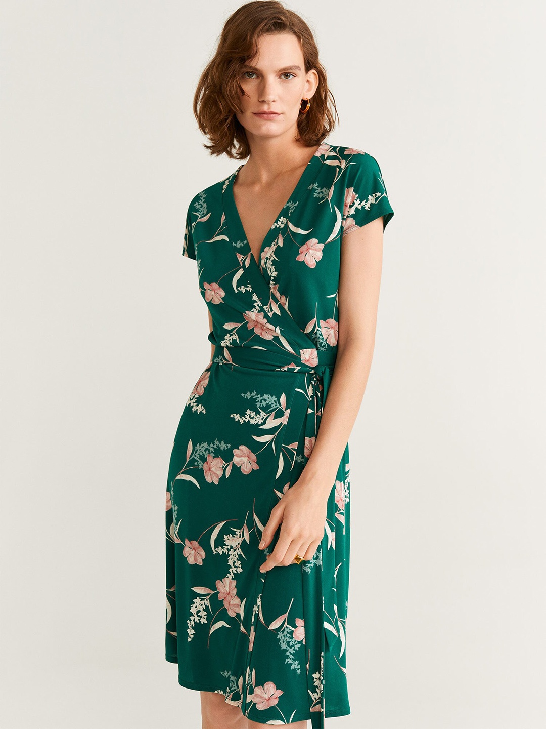 

MANGO Women Green & Pink Printed Wrap Dress