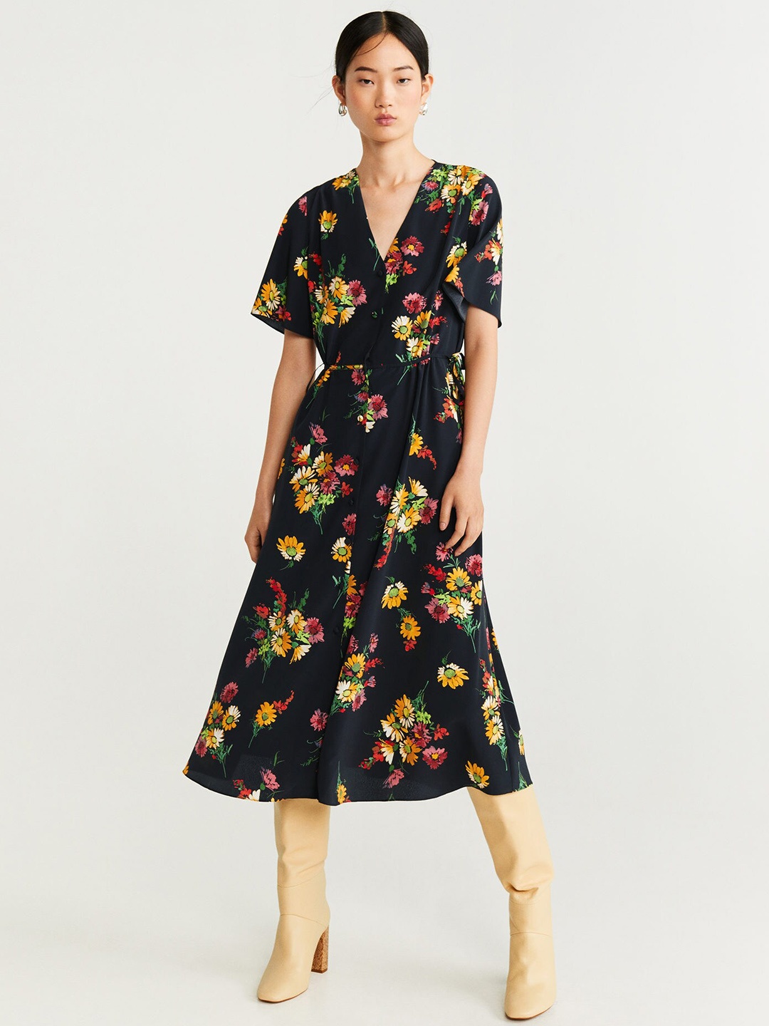 

MANGO Women Black & Yellow Floral Print A-Line Dress