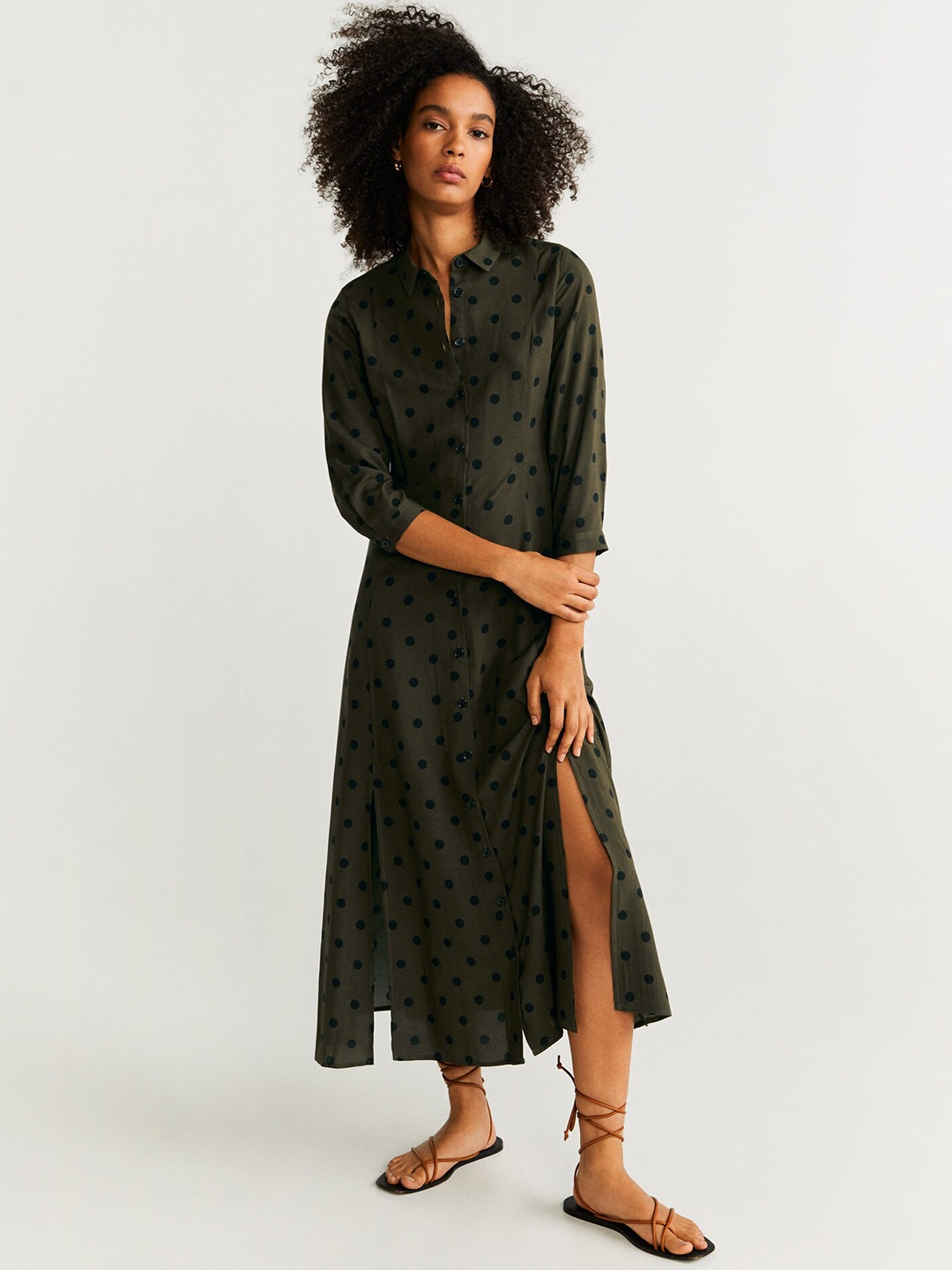 

MANGO Women Olive Brown & Black Printed Shirt Dress