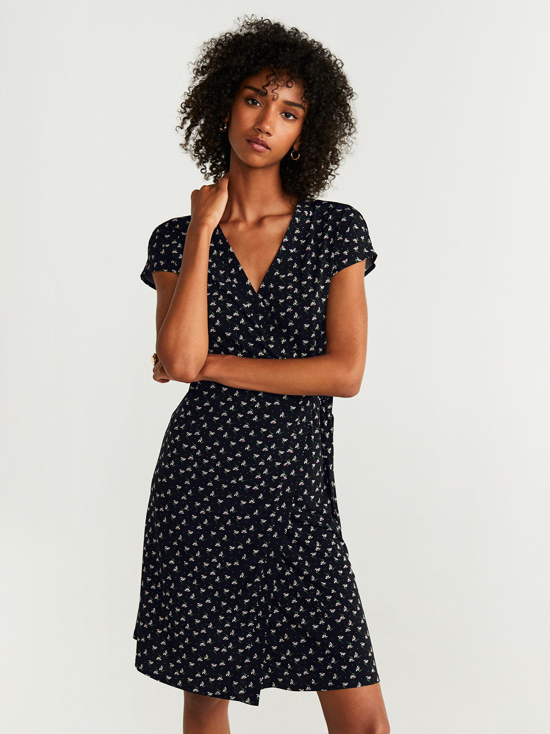 

MANGO Women Black & White Floral Print Wrap Dress