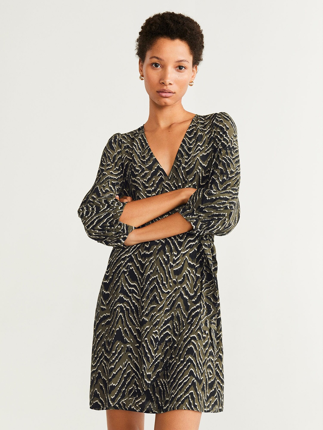 

MANGO Women Olive Green & Black Printed Wrap Dress